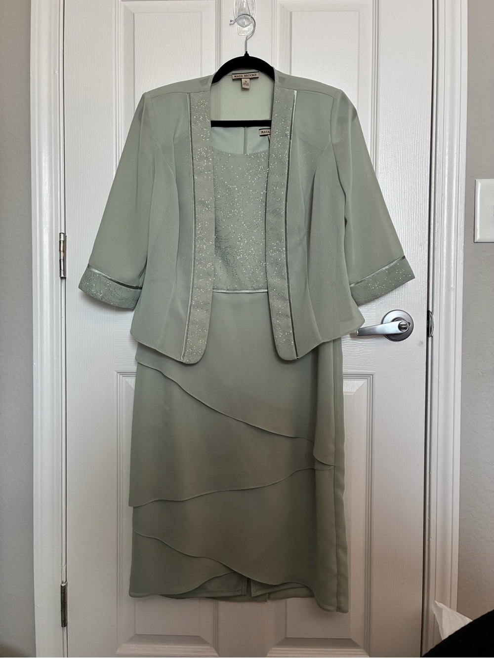 Maya Brooke Sage Green 3 Piece Formal Midi Dress Jacket Set Size 10